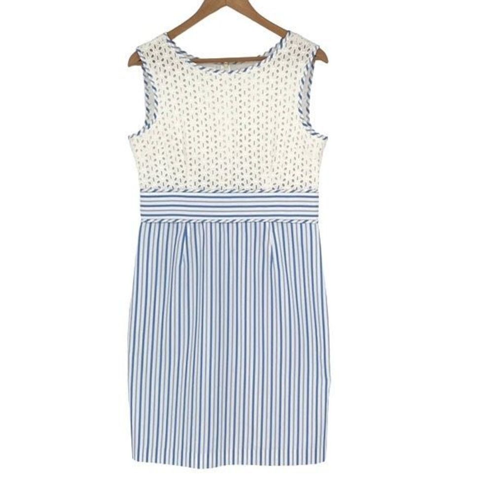 London Times Women's Sleeveless Laced Stripe Eyelet Dress White Blue Size 12
